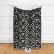 Dark cottagecore  mushrooms and moths quatrefoil floral - warm monochrome black & grey - gothic, dark decor - extra large