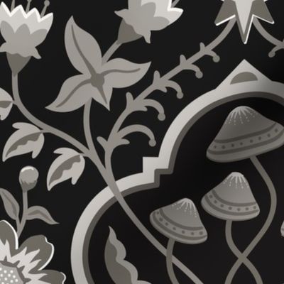 Dark cottagecore  mushrooms and moths quatrefoil floral - warm monochrome black & grey - gothic, dark decor - extra large