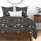 Dark cottagecore  mushrooms and moths quatrefoil floral - warm monochrome black & grey - gothic, dark decor - extra large