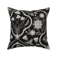Dark cottagecore  mushrooms and moths quatrefoil floral - warm monochrome black & grey - gothic, dark decor - extra large