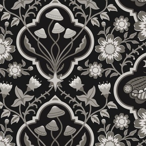 Dark cottagecore  mushrooms and moths quatrefoil floral - warm monochrome black & grey - gothic, dark decor - extra large