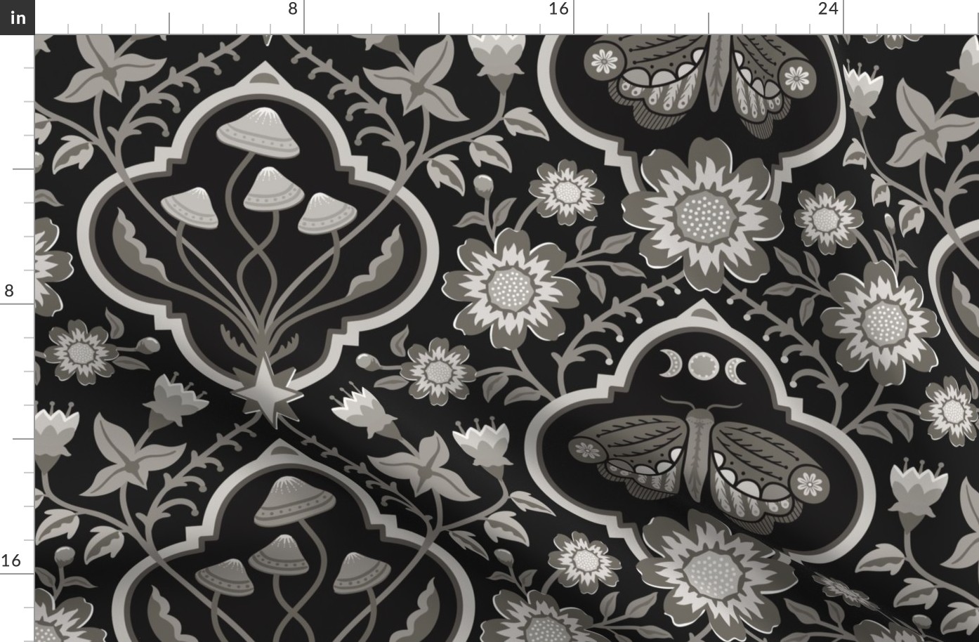 Dark cottagecore  mushrooms and moths quatrefoil floral - warm monochrome black & grey - gothic, dark decor - extra large