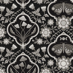 Dark cottagecore  mushrooms and moths quatrefoil floral - warm monochrome black & grey - gothic, dark decor - large