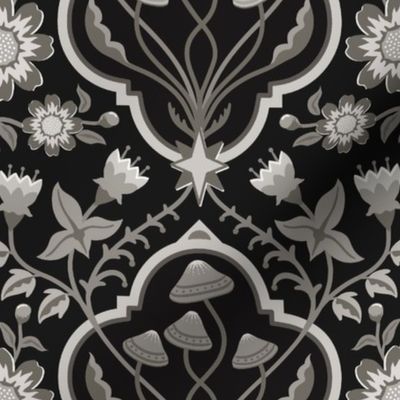 Dark cottagecore  mushrooms and moths quatrefoil floral - warm monochrome black & grey - gothic, dark decor - mid-large  (14 inch W)