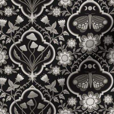 Dark cottagecore  mushrooms and moths quatrefoil floral - warm monochrome black & grey - gothic, dark decor - medium