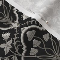 Dark cottagecore  mushrooms and moths quatrefoil floral - warm monochrome black & grey - gothic, dark decor - medium