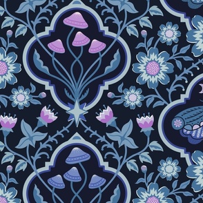 Dark cottagecore  mushrooms and moths quatrefoil floral - dark moody blues, pink and purple on almost black - gothic, dark decor - extra large