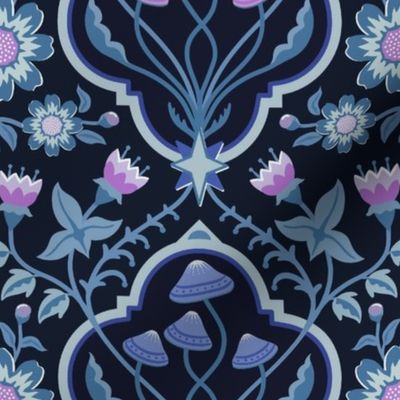 Dark cottagecore  mushrooms and moths quatrefoil floral - dark moody blues, pink and purple on almost black - gothic, dark decor - mid-large (14 inch W)