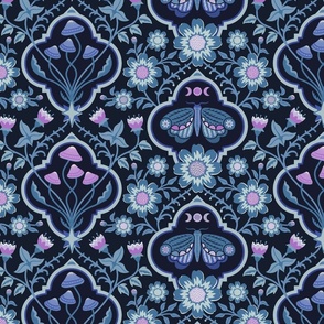Dark cottagecore  mushrooms and moths quatrefoil floral - dark moody blues, pink and purple on almost black - gothic, dark decor - mid-large (14 inch W)