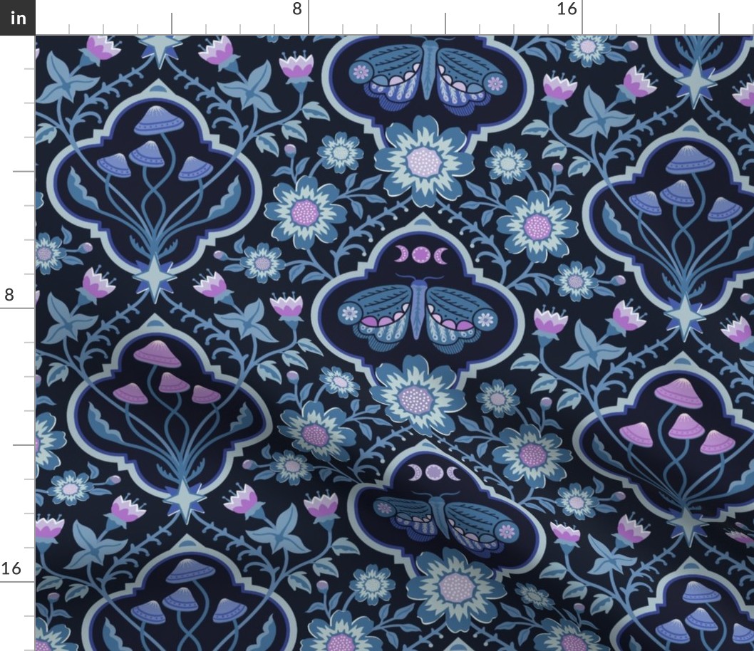 Dark cottagecore  mushrooms and moths quatrefoil floral - dark moody blues, pink and purple on almost black - gothic, dark decor - mid-large (14 inch W)