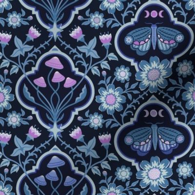 Dark cottagecore  mushrooms and moths quatrefoil floral - dark moody blues, pink and purple on almost black - gothic, dark decor - medium