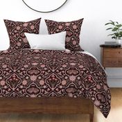 Dark cottagecore  mushrooms and moths quatrefoil floral - warm earthy bronze with red-orange on almost black - gothic, dark decor - large