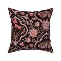 Dark cottagecore  mushrooms and moths quatrefoil floral - warm earthy bronze with red-orange on almost black - gothic, dark decor - large