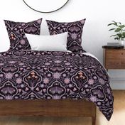 Dark cottagecore  mushrooms and moths quatrefoil floral - purple and orange on almost black - gothic, dark decor - extra large