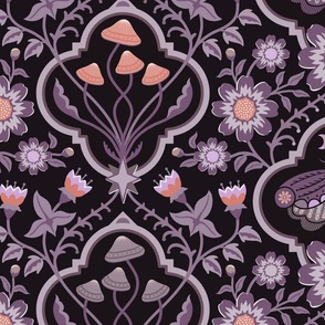 Dark cottagecore  mushrooms and moths quatrefoil floral - purple and orange on almost black - gothic, dark decor - extra large