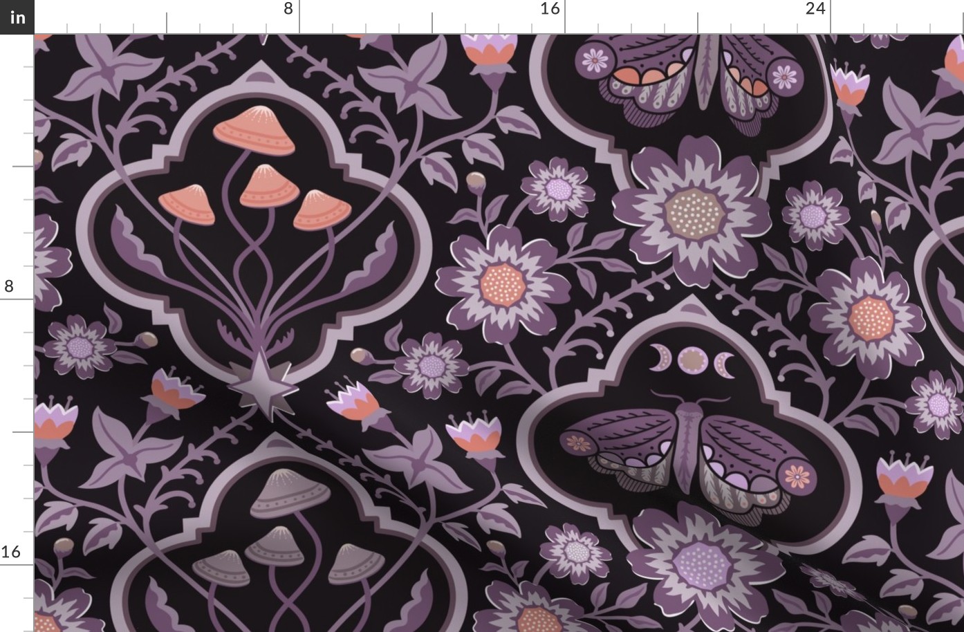 Dark cottagecore  mushrooms and moths quatrefoil floral - purple and orange on almost black - gothic, dark decor - extra large