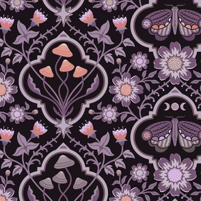 Dark cottagecore  mushrooms and moths quatrefoil floral - purple and orange on almost black - gothic, dark decor - large
