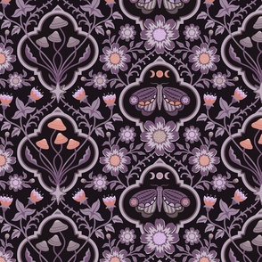 Dark cottagecore  mushrooms and moths quatrefoil floral - purple and orange on almost black - gothic, dark decor - mid-large (14 inch W)