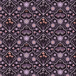 Dark cottagecore  mushrooms and moths quatrefoil floral - purple and orange on almost black - gothic, dark decor - medium