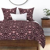 Dark cottagecore  mushrooms and moths quatrefoil floral - warm burgundy, copper-mahogany on almost black - gothic, dark decor - large