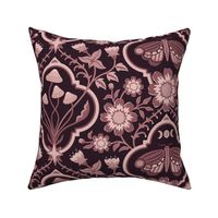 Dark cottagecore  mushrooms and moths quatrefoil floral - warm burgundy, copper-mahogany on almost black - gothic, dark decor - large