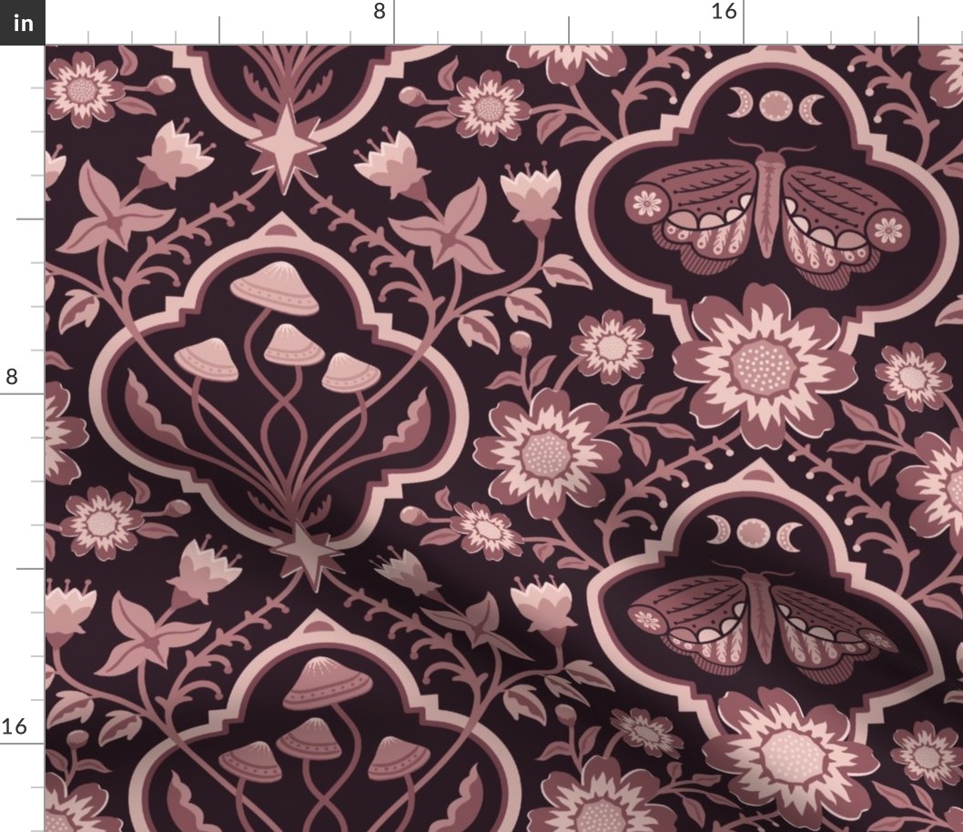 Dark cottagecore  mushrooms and moths quatrefoil floral - warm burgundy, copper-mahogany on almost black - gothic, dark decor - large