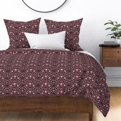 Dark cottagecore  mushrooms and moths quatrefoil floral - warm burgundy, copper-mahogany on almost black - gothic, dark decor - medium