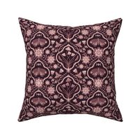 Dark cottagecore  mushrooms and moths quatrefoil floral - warm burgundy, copper-mahogany on almost black - gothic, dark decor - medium