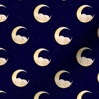 Small - Cute sleeping watercolor moon sheep for baby nursery on dark blue