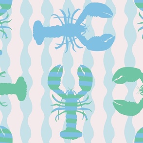 Large - Crustacean core - cute striped blue and mint pastel lobster print