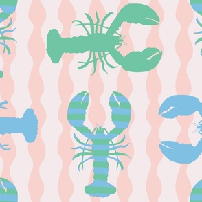Large - Crustaceancore - cute striped blue, green and pink pastel lobster print 