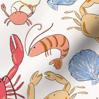 Crustacean crabs, lobsters and shell fish in red, yellow and blue illustration