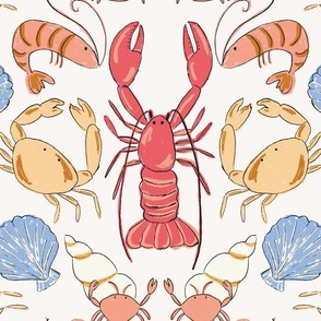 Crustacean crabs, lobsters and shell fish in red, yellow and blue illustration