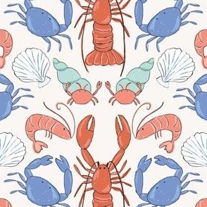 Fun sea creatures, lobsters, crabs, shrimp, prawns and shellfish illustration for kids summer