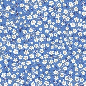 Folk Art Flowers in cornflower blue and white / art deco ditsy floral - large scale