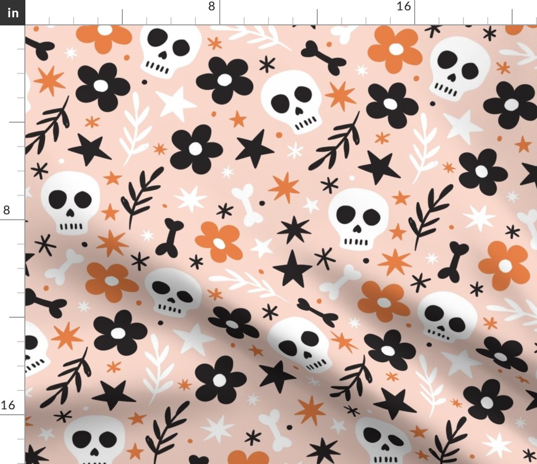 Big Fall Skull Floral White Skeletons and Bones with Orange Black and Peach
