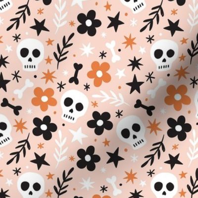 Small Fall Skull Floral White Skeletons and Bones with Orange Black and Peach