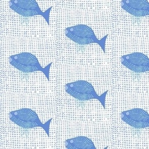 Abstract Blue Fish On Organic Rough Weave Texture.