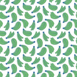 SMALL NOVELTY PLAYFUL BANANA FRUIT SKETCHES -WHITE BASE-AZURE BLUE AND EMERALD GREEN 