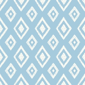 Ikat classic diamond Indie global textile pattern in natural white on light French blue, medium scale