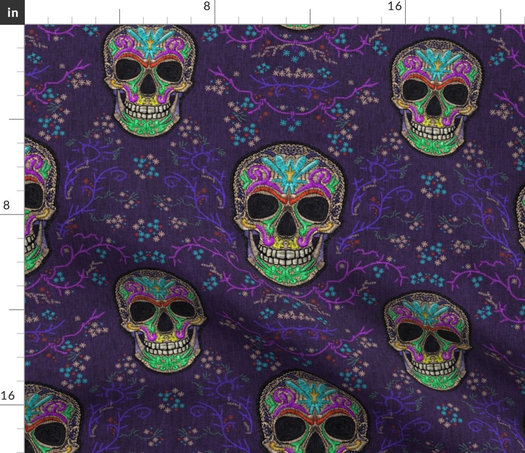 Halloween Embroidered Spooky Skulls and floral stitching