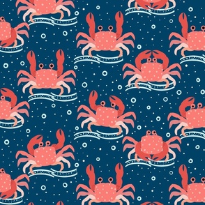 Dancing Crabs on Waves  in Navy Blue