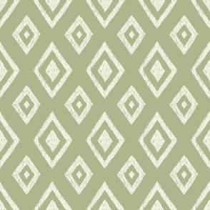 Ikat classic diamond Indie global textile pattern in green mist and olive green, medium scale