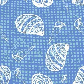 White Sea Shells Scattered On Blue Weave.