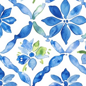Tile 7: Greek Watercolor in Blue and White, with Hints of Green