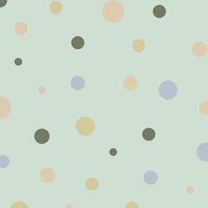 Minty green polkadot spots + dots with peach pink, lilac purple, mustard yellow