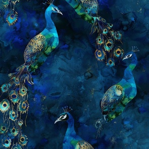 Peacocks in Cobalt Blue, Teal and Gold