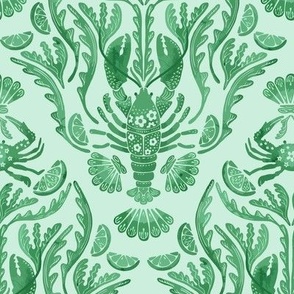 Crab and Lobster Damask Tonal Watercolor - Green on Green