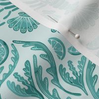 Crab and Lobster Damask Tonal Watercolor Teal on Mint