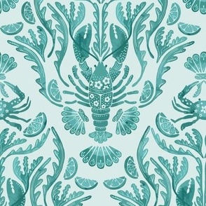 Crab and Lobster Damask Tonal Watercolor Teal on Mint